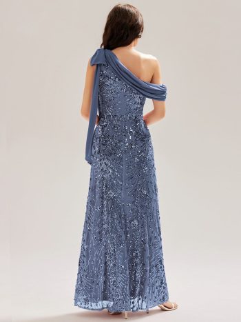 Bow Detail Sequin Drop Shoulder Sleeve Dress - Dusty Blue