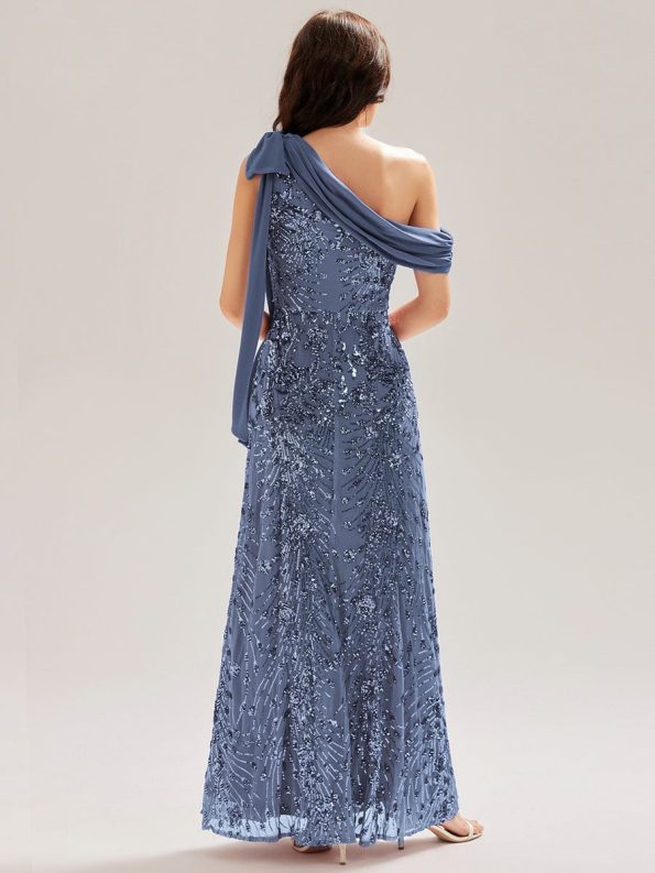Bow Detail Sequin Drop Shoulder Sleeve Dress - Dusty Blue