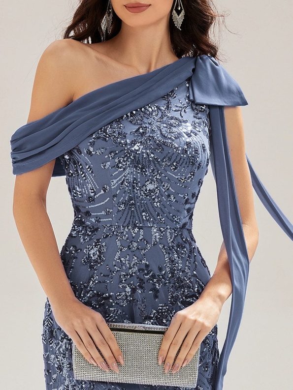 Bow Detail Sequin Drop Shoulder Sleeve Dress - Dusty Blue
