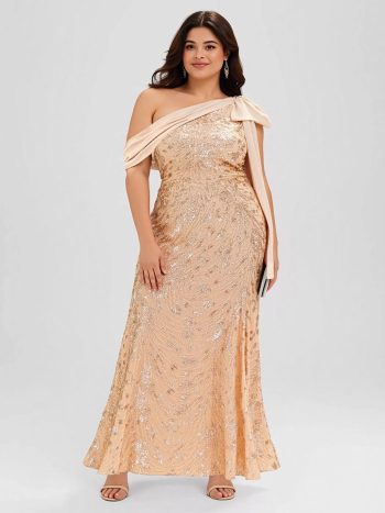 Bow Detail Sequin Drop Shoulder Sleeve Dress - Gold