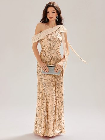 Bow Detail Sequin Drop Shoulder Sleeve Dress - Gold