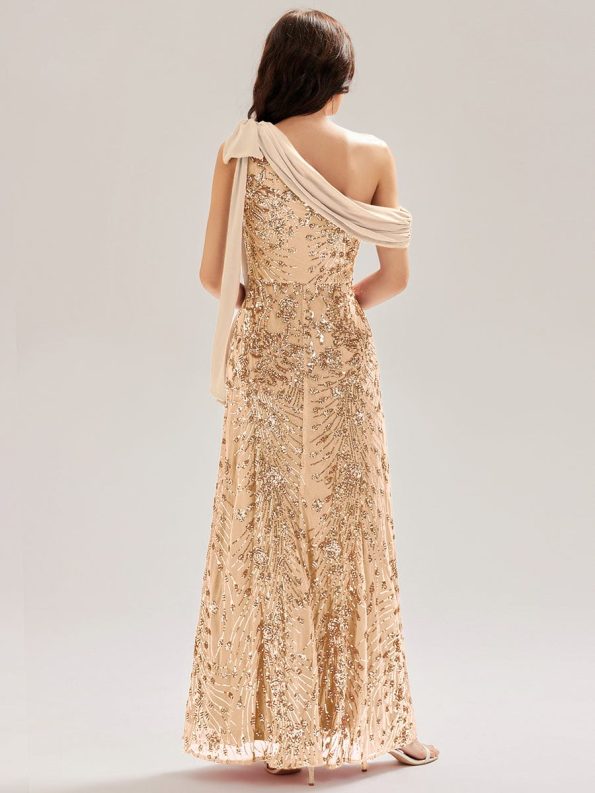 Bow Detail Sequin Drop Shoulder Sleeve Dress - Gold