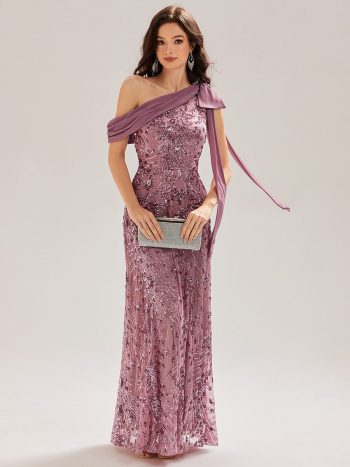 Bow Detail Sequin Drop Shoulder Sleeve Dress - Purple Orchid
