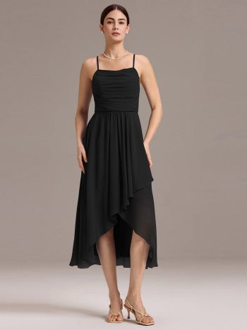Asymmetrical Hem Strappy Chiffon A-Line Backless Bridesmaid Dress - Black