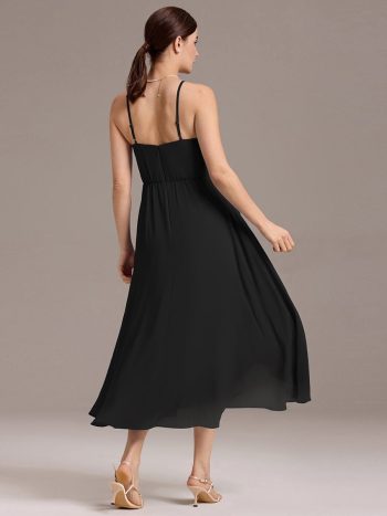 Asymmetrical Hem Strappy Chiffon A-Line Backless Bridesmaid Dress - Black