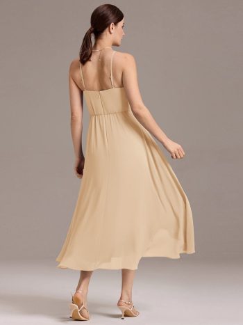 Asymmetrical Hem Strappy Chiffon A-Line Backless Bridesmaid Dress - Champagne