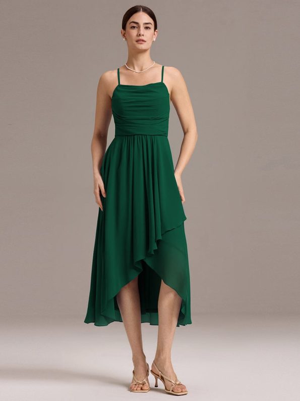 Asymmetrical Hem Strappy Chiffon A-Line Backless Bridesmaid Dress - Dark Green