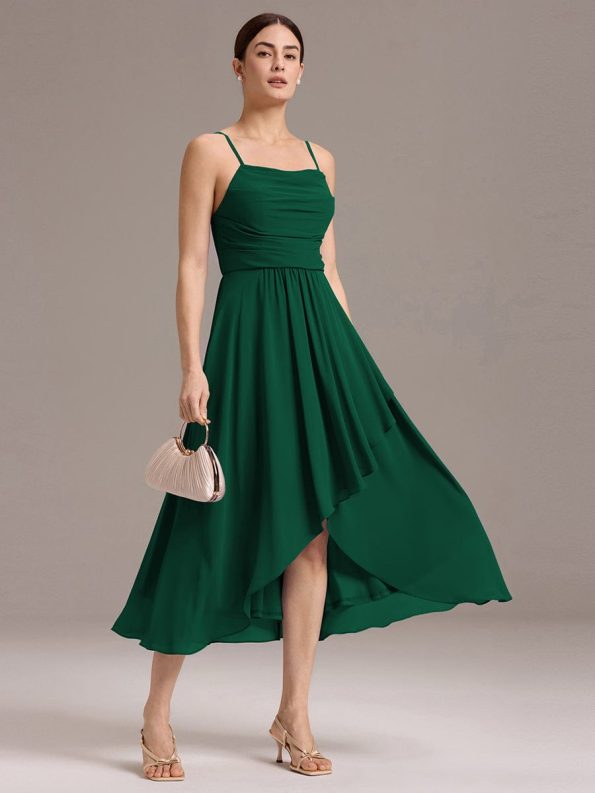 Asymmetrical Hem Strappy Chiffon A-Line Backless Bridesmaid Dress - Dark Green