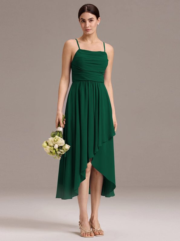 Asymmetrical Hem Strappy Chiffon A-Line Backless Bridesmaid Dress - Dark Green