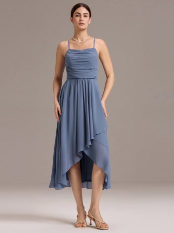 Asymmetrical Hem Strappy Chiffon A-Line Backless Bridesmaid Dress - Dusty Blue