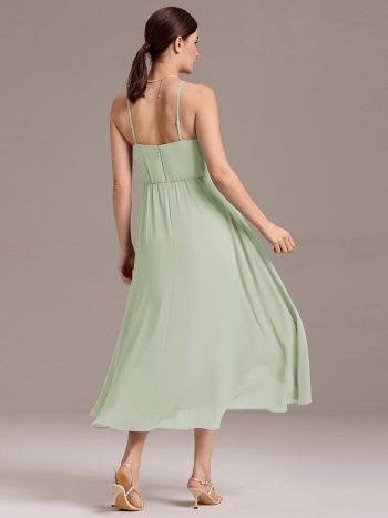 Asymmetrical Hem Strappy Chiffon A-Line Backless Bridesmaid Dress - Mint Green
