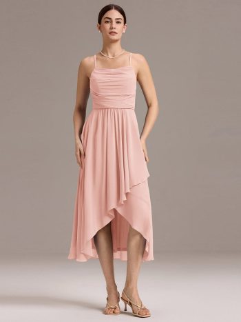 Asymmetrical Hem Strappy Chiffon A-Line Backless Bridesmaid Dress - Pink