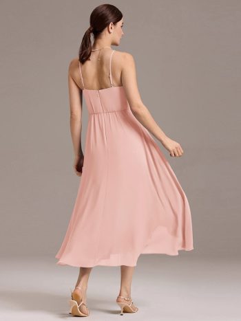 Asymmetrical Hem Strappy Chiffon A-Line Backless Bridesmaid Dress - Pink
