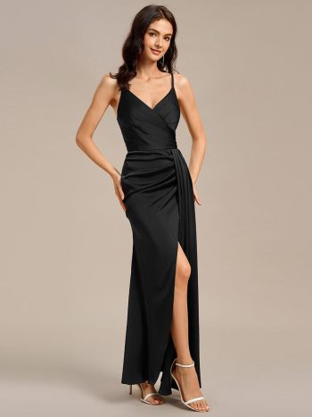 Satin Spaghetti Strap Maxi Mermaid Bridesmaid Dress - Black