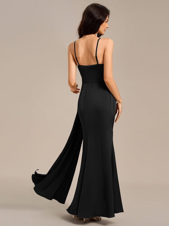 Satin Spaghetti Strap Maxi Mermaid Bridesmaid Dress - Black