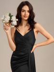 Satin Spaghetti Strap Maxi Mermaid Bridesmaid Dress – Black