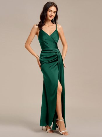 Satin Spaghetti Strap Maxi Mermaid Bridesmaid Dress - Dark Green