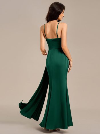 Satin Spaghetti Strap Maxi Mermaid Bridesmaid Dress - Dark Green