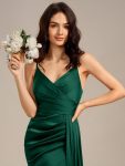 Satin Spaghetti Strap Maxi Mermaid Bridesmaid Dress – Dark Green