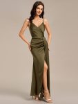 Satin Spaghetti Strap Maxi Mermaid Bridesmaid Dress – Olive Green