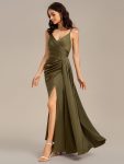 Satin Spaghetti Strap Maxi Mermaid Bridesmaid Dress – Olive Green