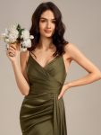 Satin Spaghetti Strap Maxi Mermaid Bridesmaid Dress – Olive Green