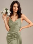 Satin Spaghetti Strap Maxi Mermaid Bridesmaid Dress – Sage Green