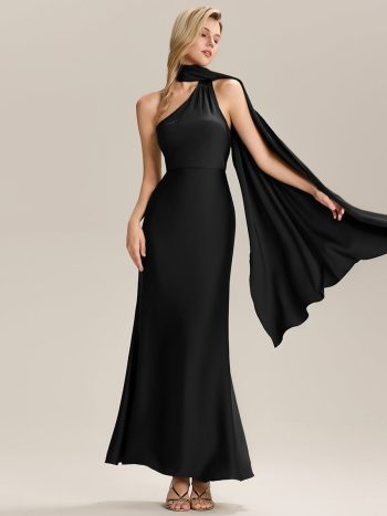 Flowing Ribbons Satin Sleeveless Bridesmaid Dress - Black