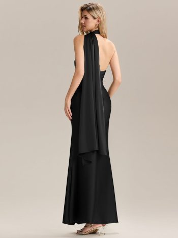 Flowing Ribbons Satin Sleeveless Bridesmaid Dress - Black