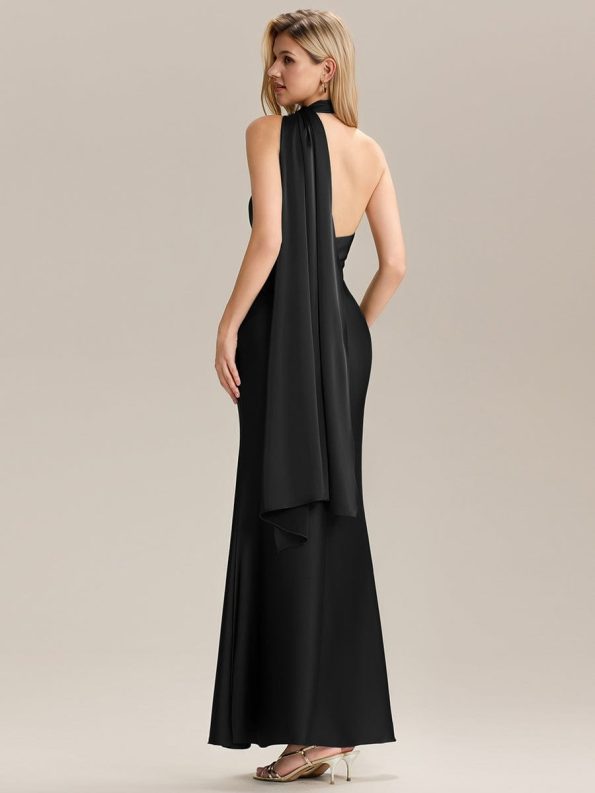 Flowing Ribbons Satin Sleeveless Bridesmaid Dress - Black