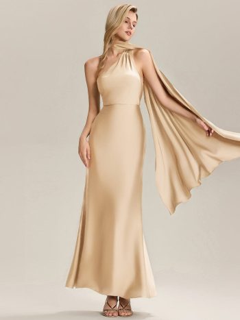 Flowing Ribbons Satin Sleeveless Bridesmaid Dress - Champagne