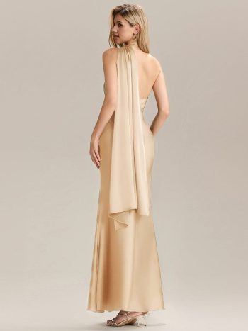 Flowing Ribbons Satin Sleeveless Bridesmaid Dress - Champagne