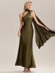 Flowing Ribbons Satin Sleeveless Bridesmaid Dress – Olive Green