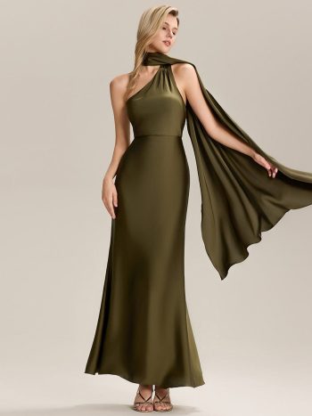 Flowing Ribbons Satin Sleeveless Bridesmaid Dress - Olive Green