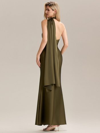 Flowing Ribbons Satin Sleeveless Bridesmaid Dress - Olive Green