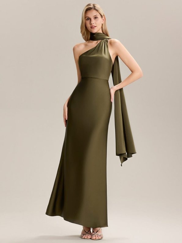 Flowing Ribbons Satin Sleeveless Bridesmaid Dress - Olive Green