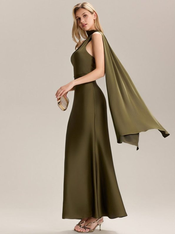 Flowing Ribbons Satin Sleeveless Bridesmaid Dress - Olive Green
