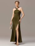 Satin Cross Halter Sleeveless Maxi Bridesmaid Dress - Olive Green