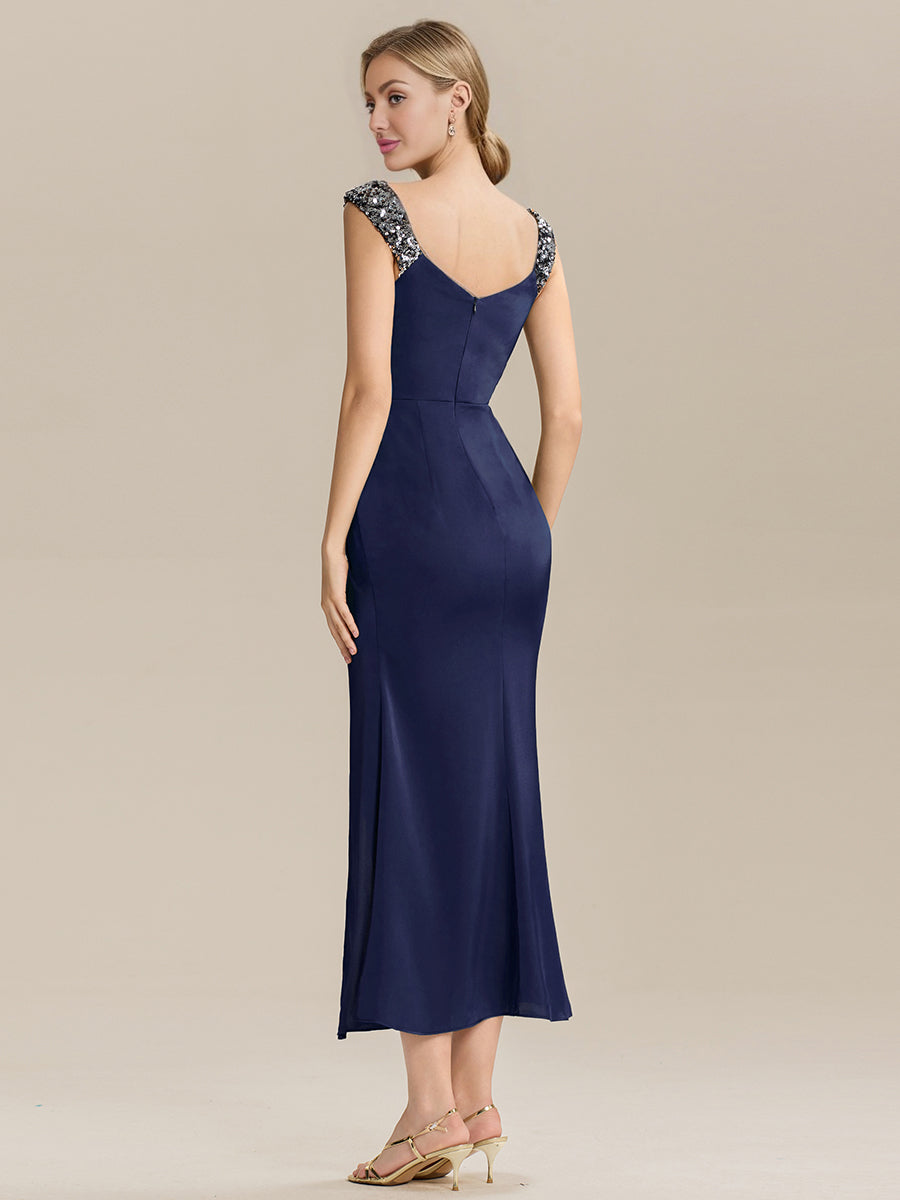 Satin High Slit Formal Maxi Dress - Navy Blue Satin High Slit Formal Maxi Dress - Navy Blue