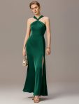 Satin Cross Halter Sleeveless Maxi Bridesmaid Dress – Dark Green