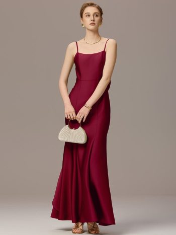 Mermaid Bow Stretch Satin Maxi Bridesmaid Dress - Burgundy