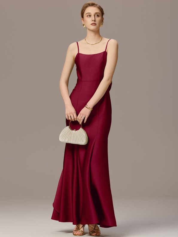 Mermaid Bow Stretch Satin Maxi Bridesmaid Dress - Burgundy