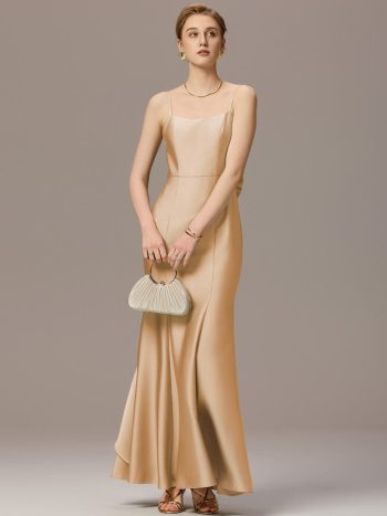Mermaid Bow Stretch Satin Maxi Bridesmaid Dress - Champagne