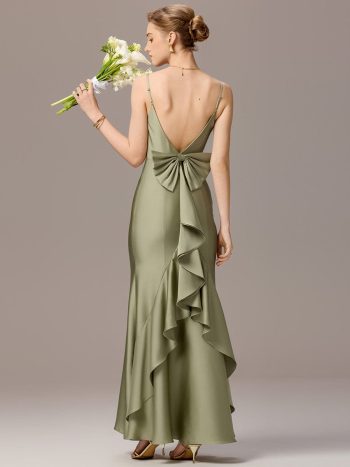 Mermaid Bow Stretch Satin Maxi Bridesmaid Dress - Sage Green