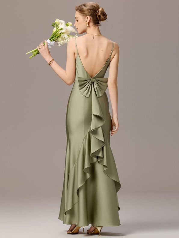 Mermaid Bow Stretch Satin Maxi Bridesmaid Dress - Sage Green