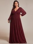 Plus Size Dazzling Empire Waist See-Through Long Sleeves A-Line Evening Dress – Burgundy