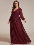 Plus Size Dazzling Empire Waist See-Through Long Sleeves A-Line Evening Dress – Burgundy