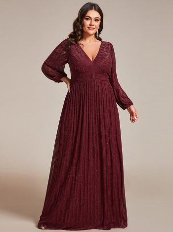 Plus Size Dazzling Empire Waist See-Through Long Sleeves A-Line Evening Dress - Burgundy