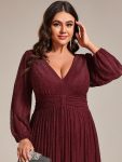 Plus Size Dazzling Empire Waist See-Through Long Sleeves A-Line Evening Dress – Burgundy