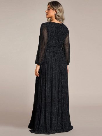 Plus Size Dazzling Empire Waist See-Through Long Sleeves A-Line Evening Dress - Black